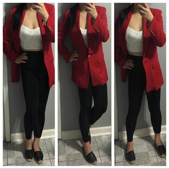 Jackets & Blazers - Red Long Blazer, Gold Buttons, Shoulder Pads